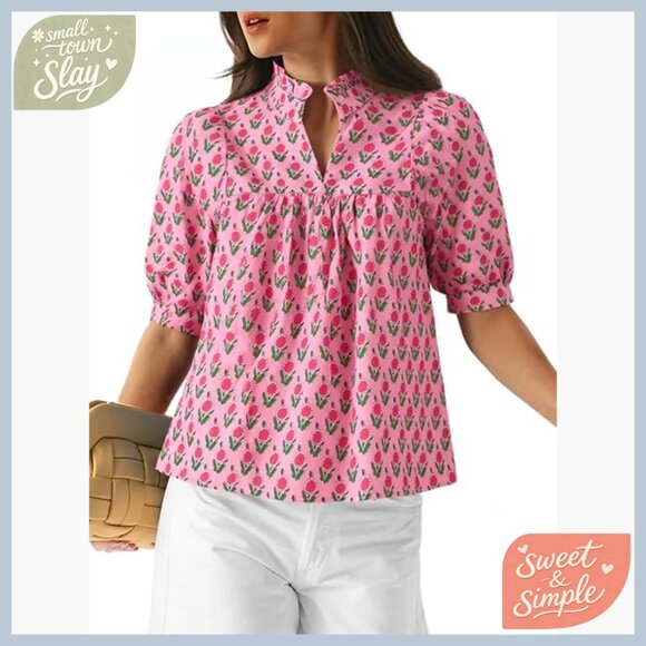 Tops - Floral Babydoll Blouse Puff Sleeve Peplum V Neck Loose Fit Boho Top